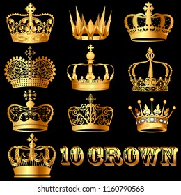 Illustration of a set of gold crowns on a black background