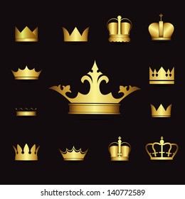 illustration set gold crowns on black background