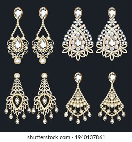 Illustration set of gold earrings with precious stones. Jewelry.