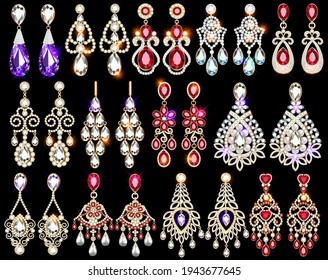 Illustration set of gold earrings with precious stones. Jewelry.