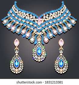 Illustration set of gold glittering choker necklace and earrings with precious stones