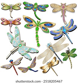 Illustration of a set of gold jewelry brooches in the shape of dragonflies with precious stones