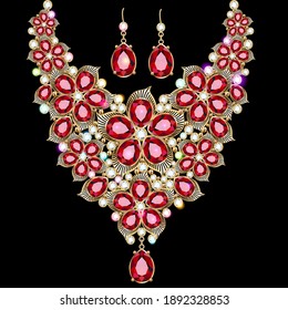 Illustration set of gold jewelry, necklace with flowers and precious stones and earrings