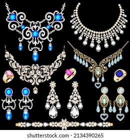 Illustration set of gold jewelry necklace, earrings, rings, bracelets with precious stones