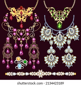 Illustration set of gold jewelry necklace, earrings, rings, bracelets with precious stones