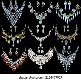 Illustration set of gold jewelry necklace, earrings with precious stones