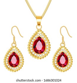 Illustration set of gold jewelry pendant on a chain and earrings with rubies