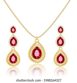 Illustration set of gold jewelry pendant on a chain and earrings with rubies