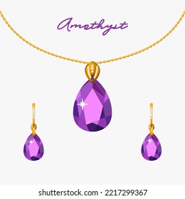 Illustration set of gold jewelry pendant on a chain and earrings with amethysts