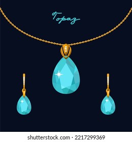Illustration set of gold jewelry pendant on a chain and earrings with topaz svg