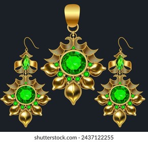 Illustration of a set of gold jewelry pendant and earrings,
 with precious stones