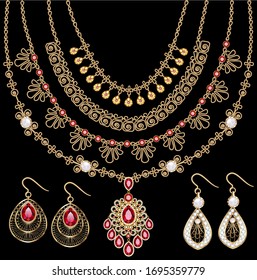 Illustration set of gold jewelry pendants necklaces on a chain and earrings with rubies and filigree