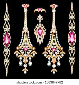 Illustration of a set of gold jewelry with precious stones