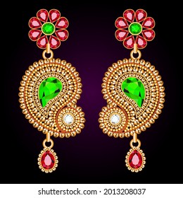 Illustration set of gold jewelry with precious stones earrings 