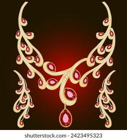 Illustration of a set of gold jewelry with rubies. Necklace and earrings with precious stones