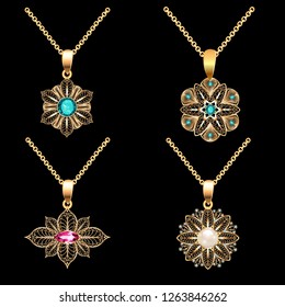 Illustration of a set of gold pendants with filigree and precious stones