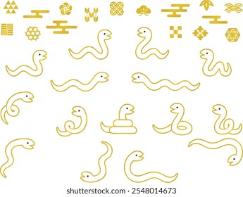 Illustration set of gold rimmed white snakes and various Japanese style decorations