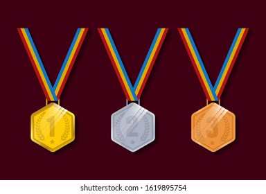 Illustration set of gold, silver and bronze medals with blue,yellow, red ribbon flat vector icons and illustration. perfect for sports apps and websites.