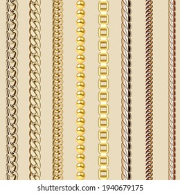 Illustration set of gold and silver chains vertical seamless pattern. Jewelry.