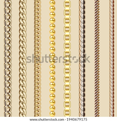 Illustration set of gold and silver chains vertical seamless pattern. Jewelry.