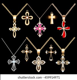 Illustration set gold and silver cross pendant with gems
