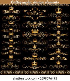 Illustration set of gold vintage calligraphic design elements with crowns.