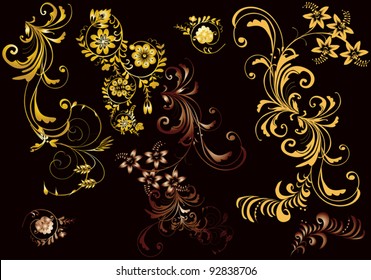 illustration with set of golden and brown floral elements