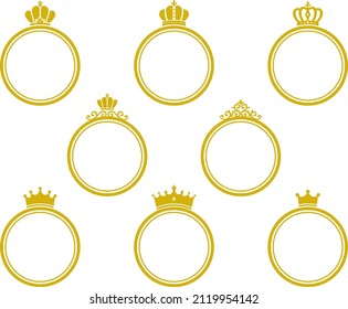 Conjunto de ilustraciones de marcos circulares dorados con una corona en la parte superior