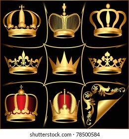 illustration set gold(en) crowns on black background