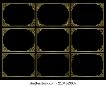 Illustration set of golden rectangular frames with European style gorgeous decorations at the four corners