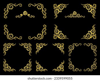 Illustration set of golden rose thorns corner decoration frames