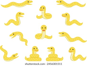 Illustration set of golden snake characters in various poses