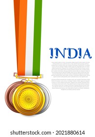 ilustración del conjunto de medallas de oro, plata y bronce con la bandera tricolor de la India como telón de fondo para el Día de la Independencia