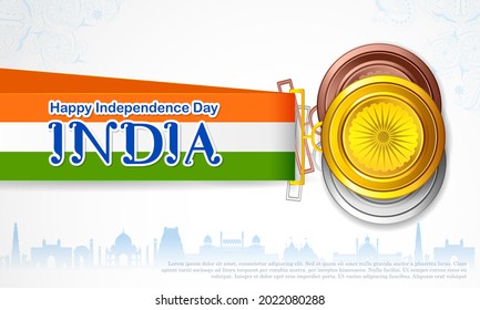 illustration of set of gold,silver and bronze medal with Tricolor flag of India background for Independence Day