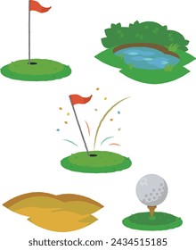 Conjunto de ilustración de pelota de golf, bandera, hierba verde, búnker y estanque