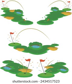 Ein Illustrationssatz von Golfschüssen, die perfekt Löcher auf 5 Arten von Golfplätzen mit Bunkern und Teichen treffen.