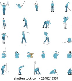 An illustration set of golfers' addresses, shots, and poses.