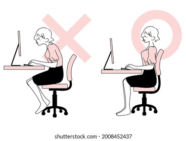 Illustration set of good and bad postures of working women