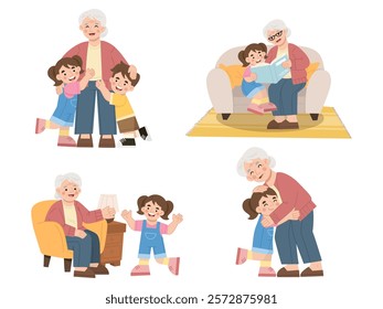 Illustration set of grandmother and grandchildren