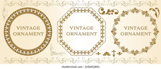 Illustration set of graphic material, orient pattern, arabesque pattern, antique, decorative rule vintage frame