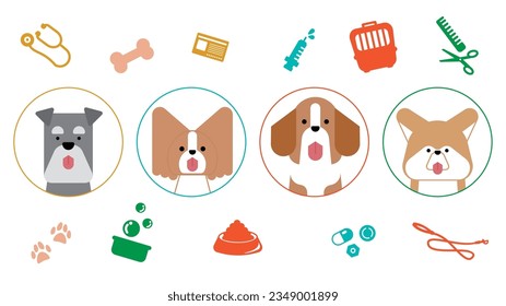 It is an illustration of a set of graphical and simple dog icons (miniature schnauzer, papillon, beagle, akita dog).