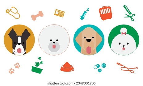 Illustration of a set of graphical and simple dog icons (Boston Terrier, Bichon Frize, Golden Retriever, Maltese).