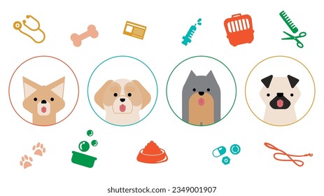 Illustration of a set of graphical and simple dog icons (Chihuahua, Shih Tzu, Yorkshire Terrier, Pug).