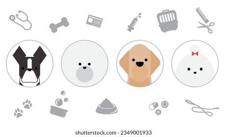 Illustration of a set of graphical and simple dog icons (Boston Terrier, Bichon Frize, Golden Retriever, Maltese).