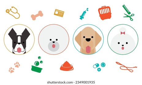 Illustration of a set of graphical and simple dog icons (Boston Terrier, Bichon Frize, Golden Retriever, Maltese).