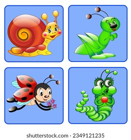 illustration set with grasshopper, caterpillar, ladybug, snail
