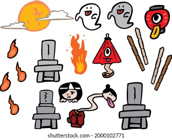 Illustration set of graves and youkai