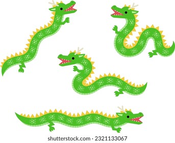 Illustration set of green dragons with geometric scale patterns