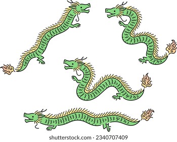 Illustration set of green dragons with outlines