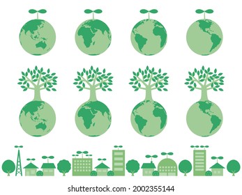Illustration set of the green earth with sprouts and trees. Image of nature maintenance and eco.